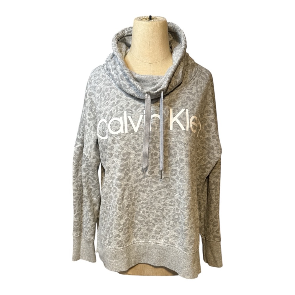 Calvin Klein Grey Leopard Print Funnel Neck Sweatshirt Women’s M